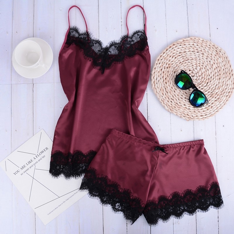 Women Sleepwear Sexy Lace Pamas Pants + Blouse Set Bu Tidur Malam