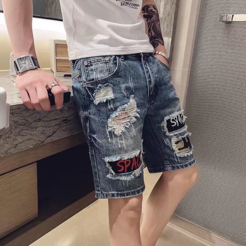 Summer Broken Denim Shorts Men's Loose Five-point Pants Casual Large Size Elastic Waist Hole Stretch Jeans Korean