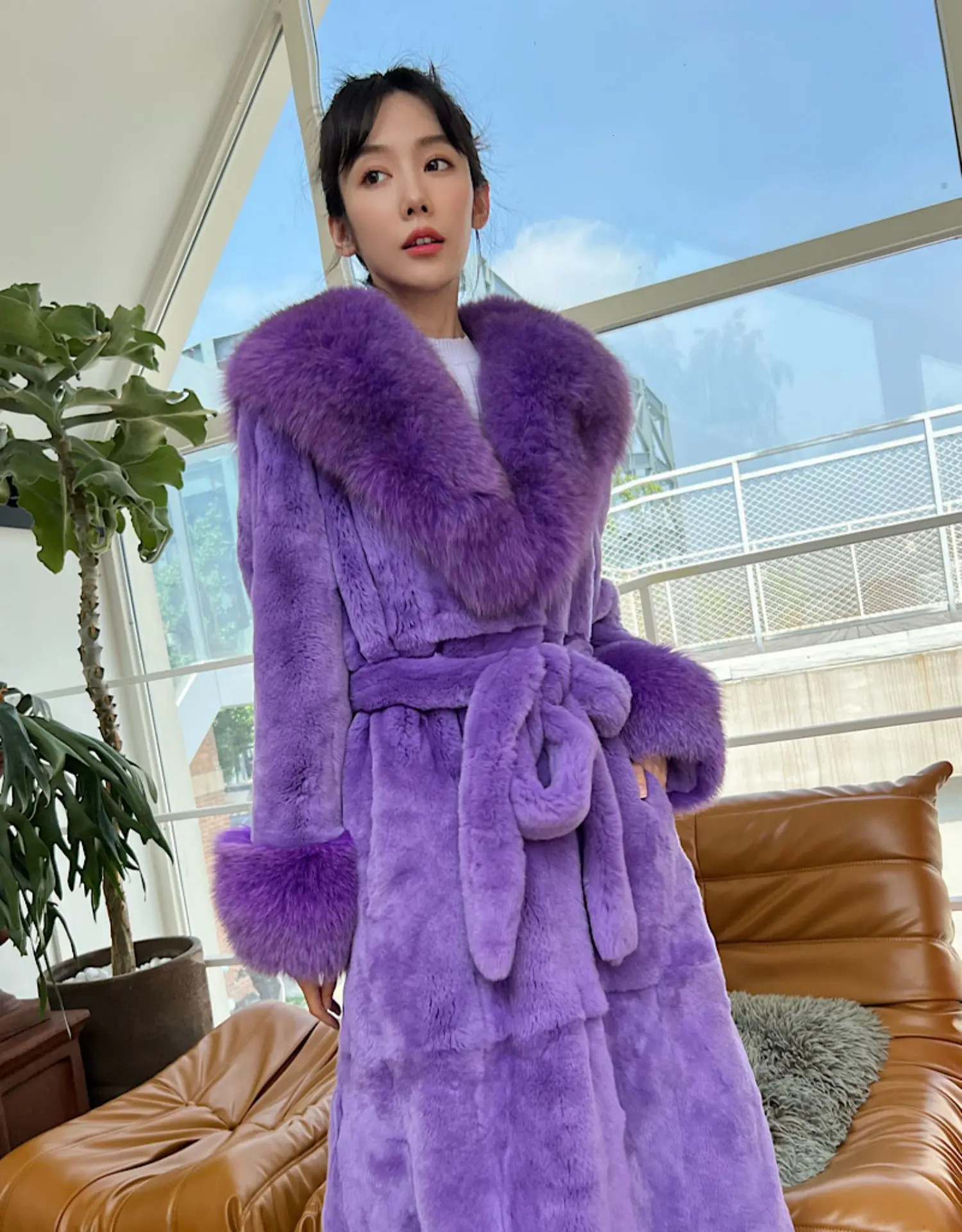 Winter Genuine 120Cm Length Real Rex Rabbit Fur Coats With Collar Trend Warm Natural Rabbit Fur Overcoat Women 240716