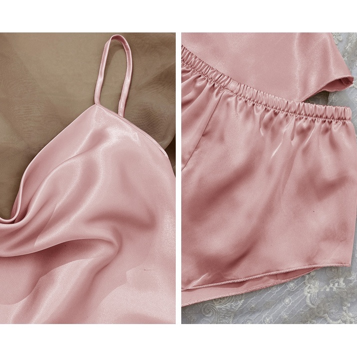 2 Pieces Ladies Sexy Silk Satin Pijama Sleeveless Sleepwear Set Top and Shorts