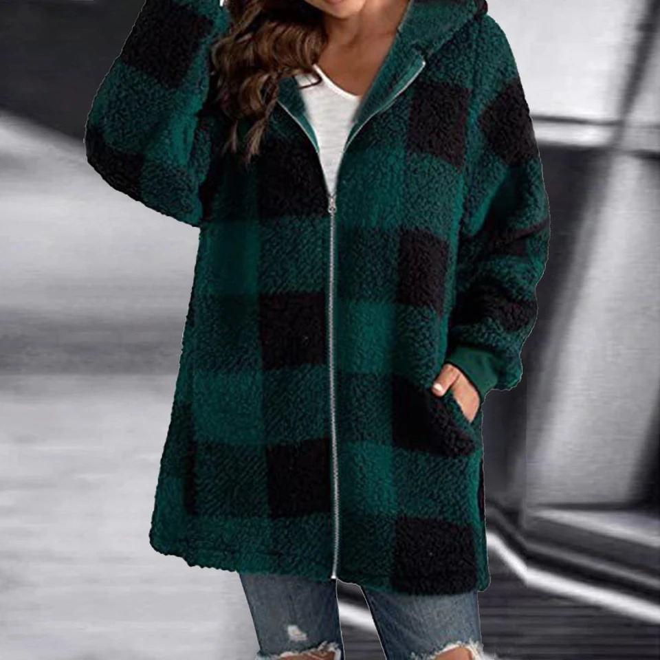 Winter Long Sleeve Grid Hooded Loose Womens Jacket Plus Size Women Clothing Large Size Keep Warm Female Outerwear Coat 240711