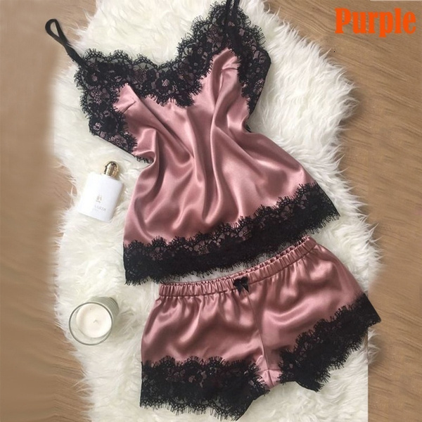 Ready Stock Women's Pama Cami Silky Lace Nightwear 2 Piece Set Lingerie Short Sleepwear