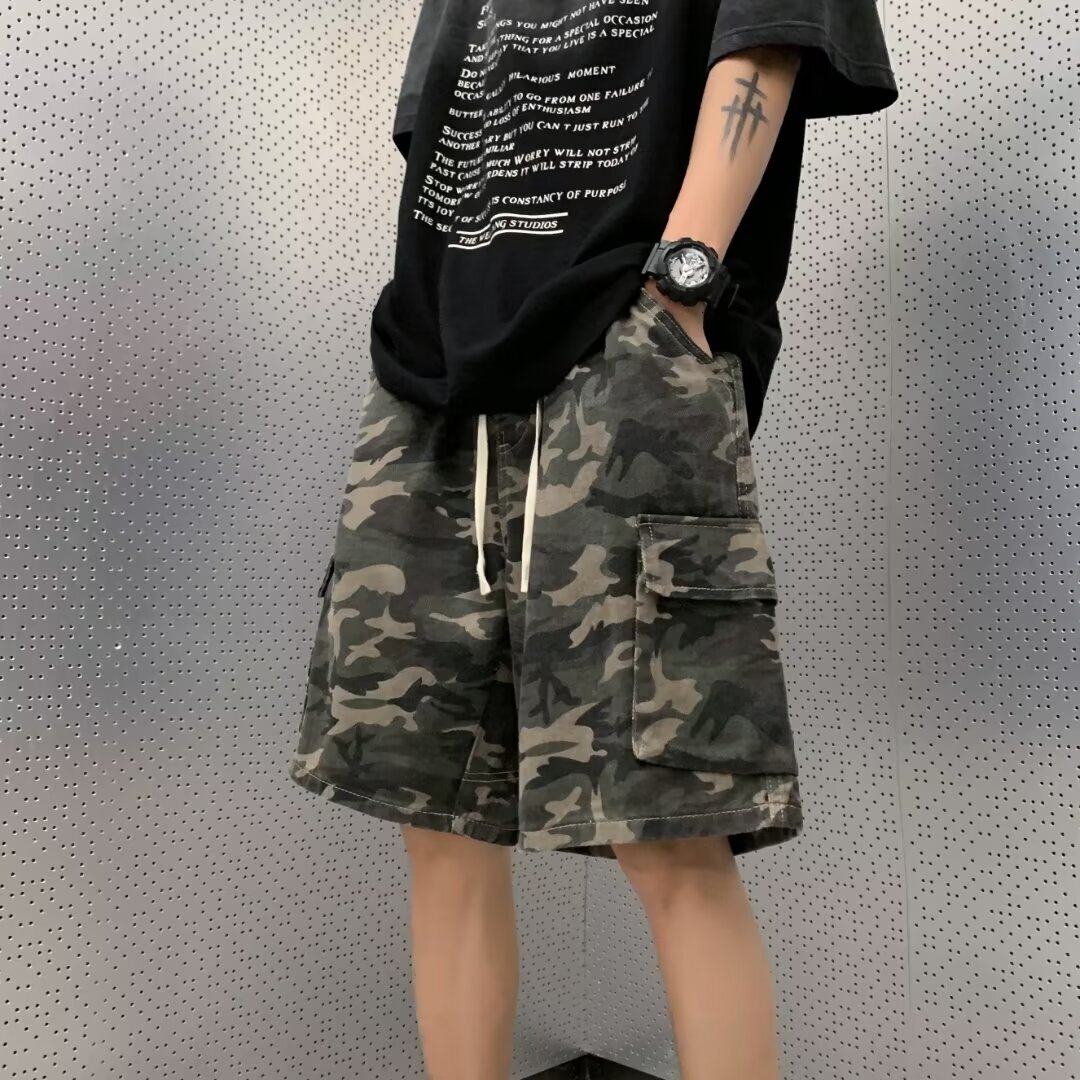 Camouflage workwear, denim shorts, men's summer trendy brand, large size, loose and versatile, American high street hooligan handsome five quarte