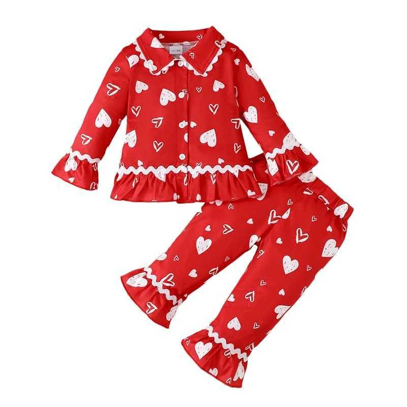Childrens Valentines Day Pajama Set with Heart Shaped Printed Long Sleeve Top and Pants 2-piece Lounge Set for Girls PajamasW240716