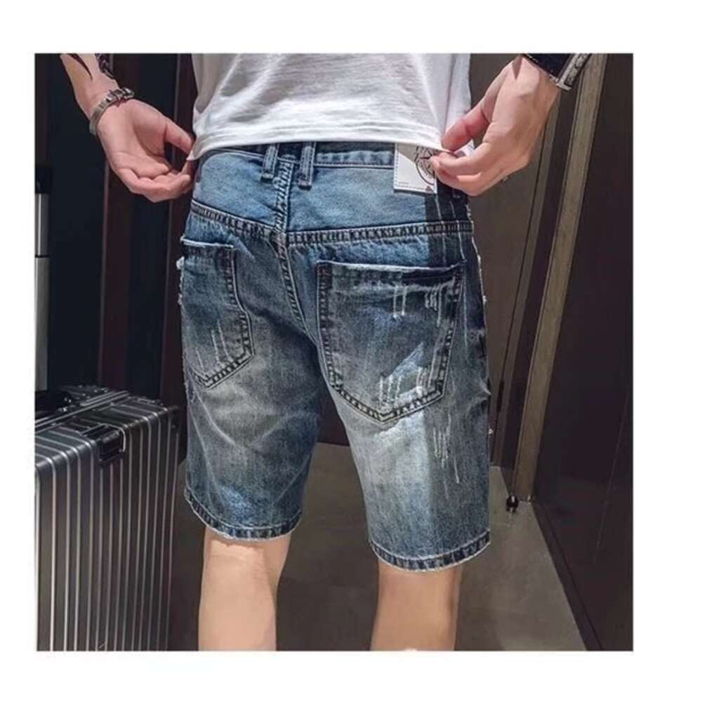 2024 Summer thin denim shorts men's loose cropped pants, casual oversized elastic waist with holes, stretch Korean version for external wear