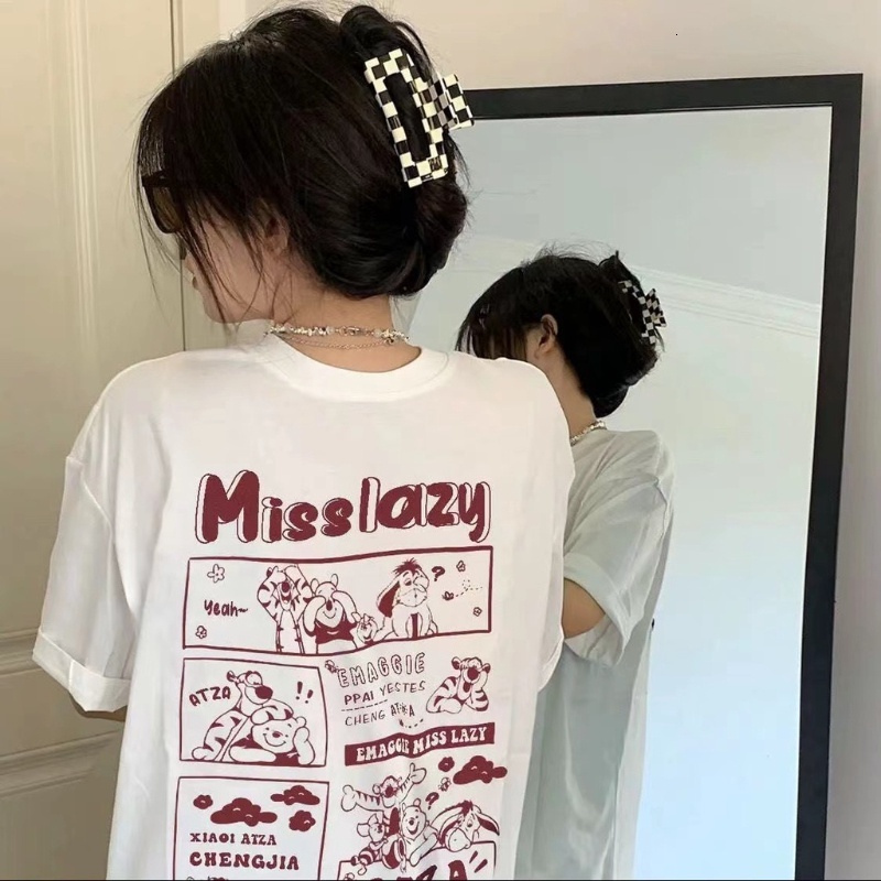 Women Super Cute Oversized BF Short Sleeve Shirt Tops Korean Drop Shoulder Loose Cartoon Printed Tee T-shirts