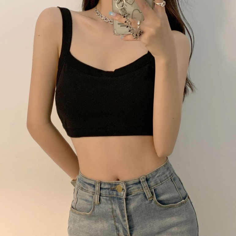 Summer New Cotton Back Women's Small Strap Tank with Chest Cushion Short Outfit Bottom Top