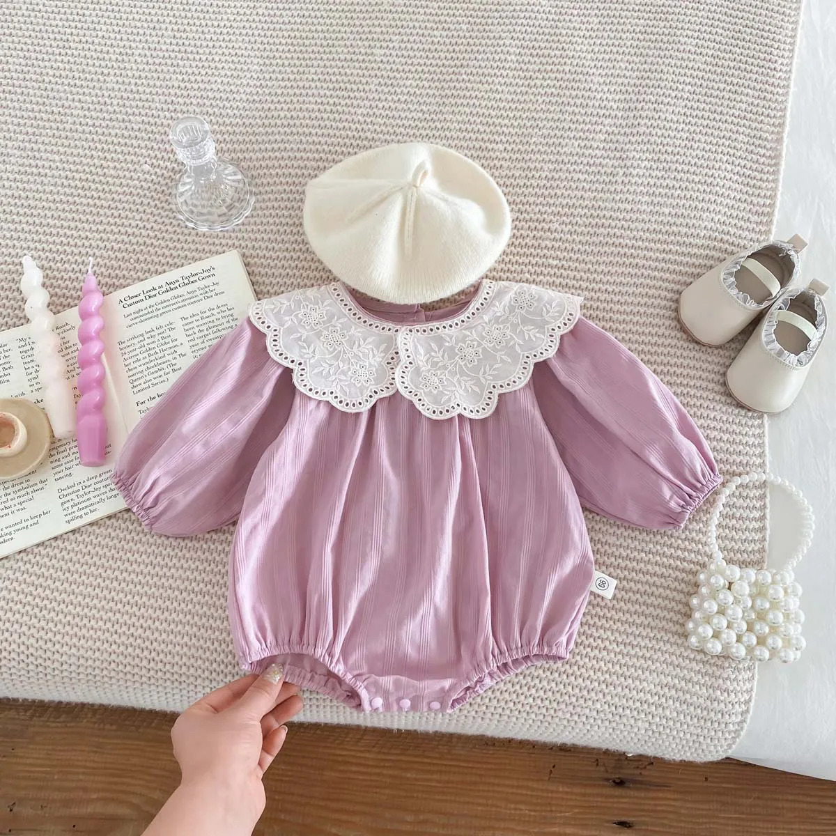 Korean Fashion Baby Romper born Bodysuit Lace Peter Pan Collar Long Sleeves Infant Girl Jumpsuit 02yrs 240716