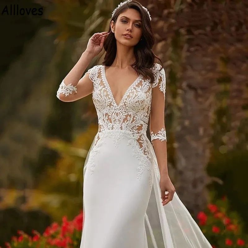 V Neck Tulle Overskirts Mermaid Wedding Dresses With Half Illusion Sleeves Lace Appliqued Boho Beach Bridal Gowns Elegant Satin Sexy Open Back Robes d