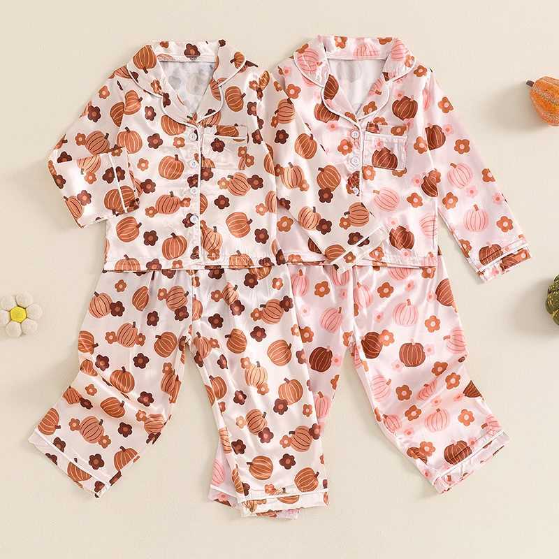 1-5Y Little Girl Satin Pajama Set Pumpkin Flower Long Sleeve Shirt Set Childrens Halloween Pajama Childrens Lounge SetW240716