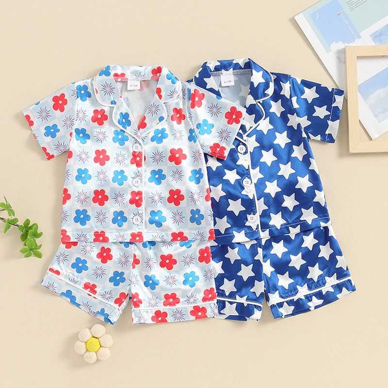 1-5 Year Childrens Pajama Set Star/Flower Printed Short Sleeve Shirt July 4th Summer Girls and Boys PajamasW240716