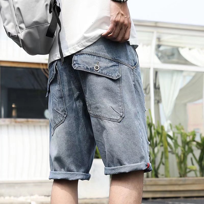 Summer five quarter jeans Korean version trendy brand men's short mid ripped pants