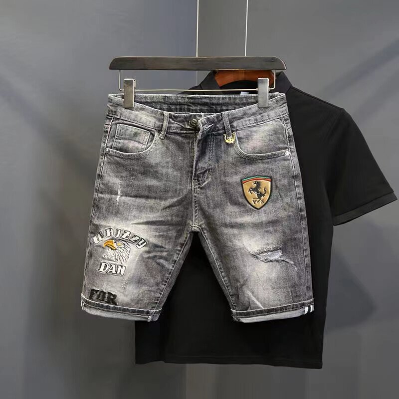 European station men's Denim Shorts summer cropped trend slim fitting breeches casual elastic pants