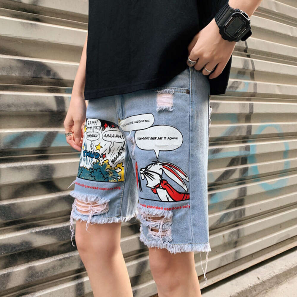 MARK BELT Summer hole Printed denim shorts Hip-hop slim Ripped jeans