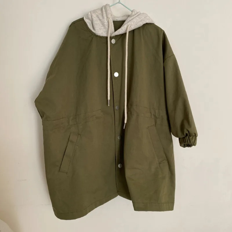 Spring Kids contrast color hooded trench jackets Boys and girls loose casual long style wind jackets 240711