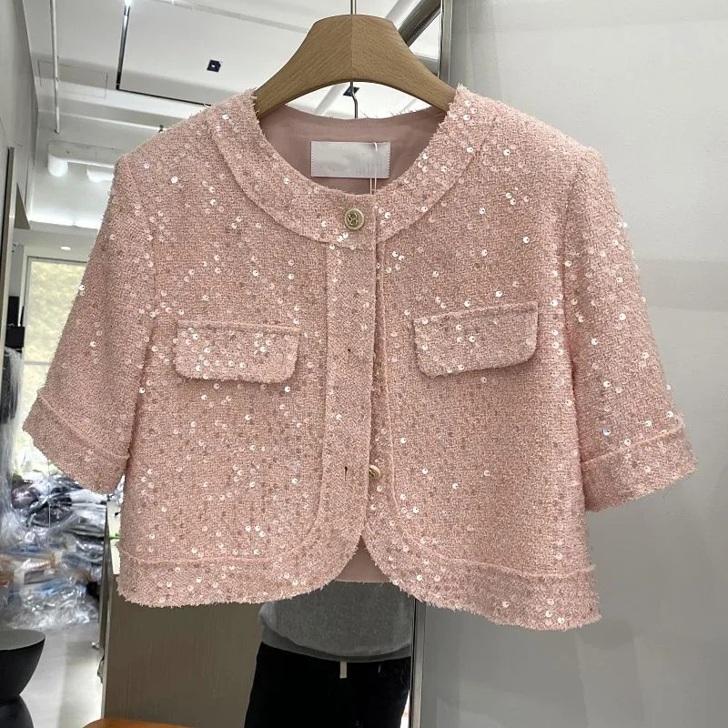Summer High Quality Korean Tweed Paillette Short Sleeve Jacket Coat Women Korean Fashion Sequin Short Outerwear Top 240712