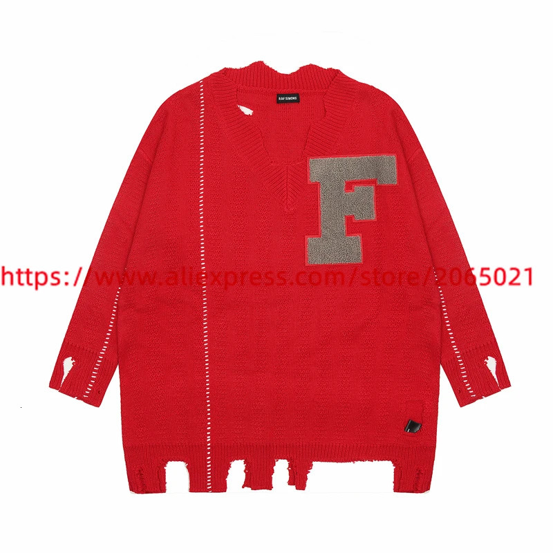 RAF SIMONS Vintage Badge Damaged Irregular Loose Red Sweater Knit Men Women Top Quality Casual Sweatshirts 240712