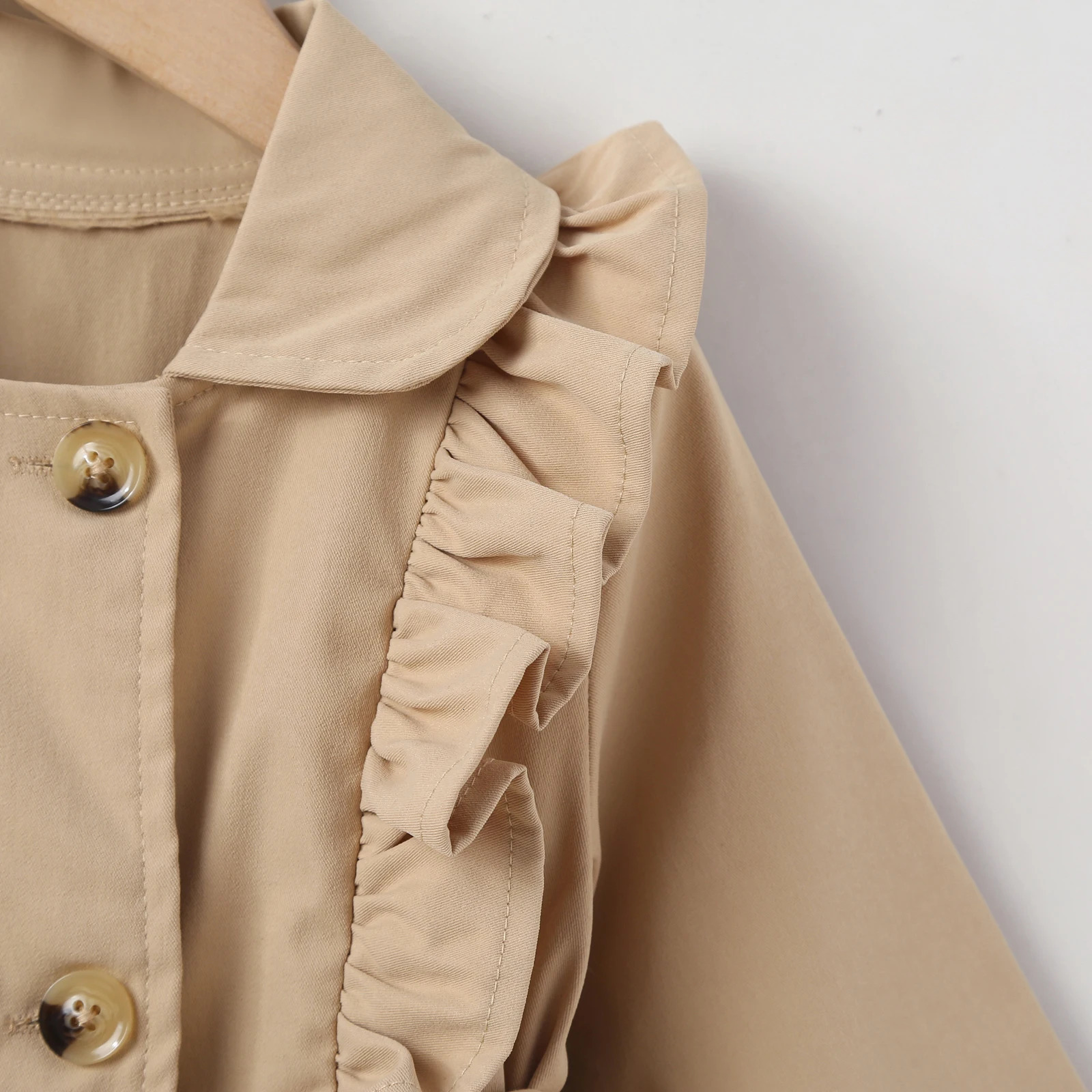 Kid Baby Girl Winter Trench Coat Lace Mesh Patchwork Long Sleeve Lapel Ruffle Double Breasted Windbreaker Outwear with Belt 2-7T 240711