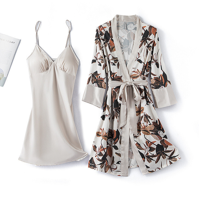 Ice Silk Pamas,Women's Summer Thin Sexy With Chest Pad Robe Set