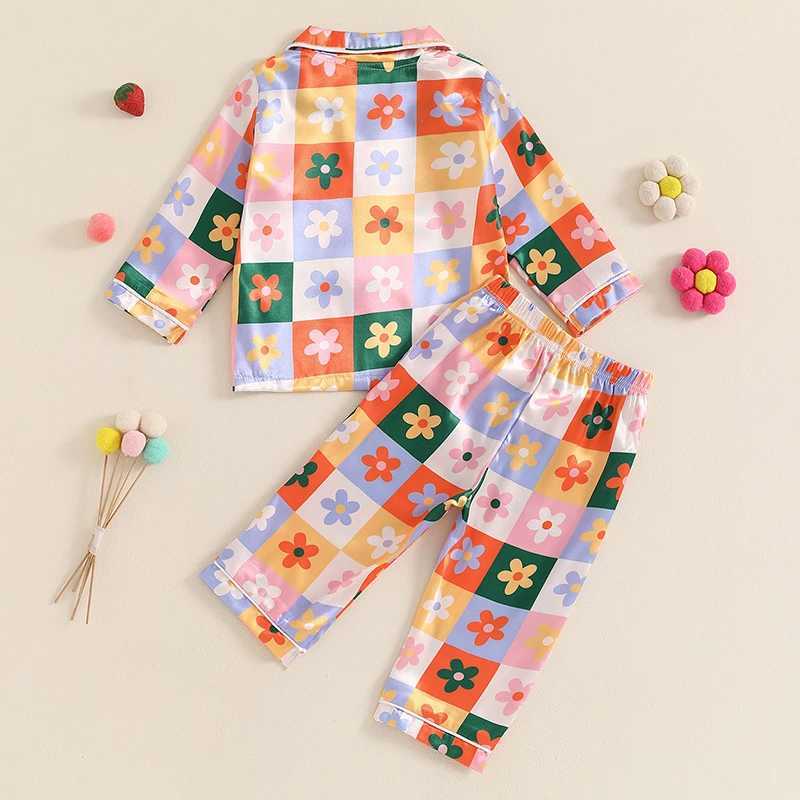 Children and girls 2-piece pajama set with floral print buttons long sleeved shirt and elastic pants loose autumn casual wear pajamasW240716