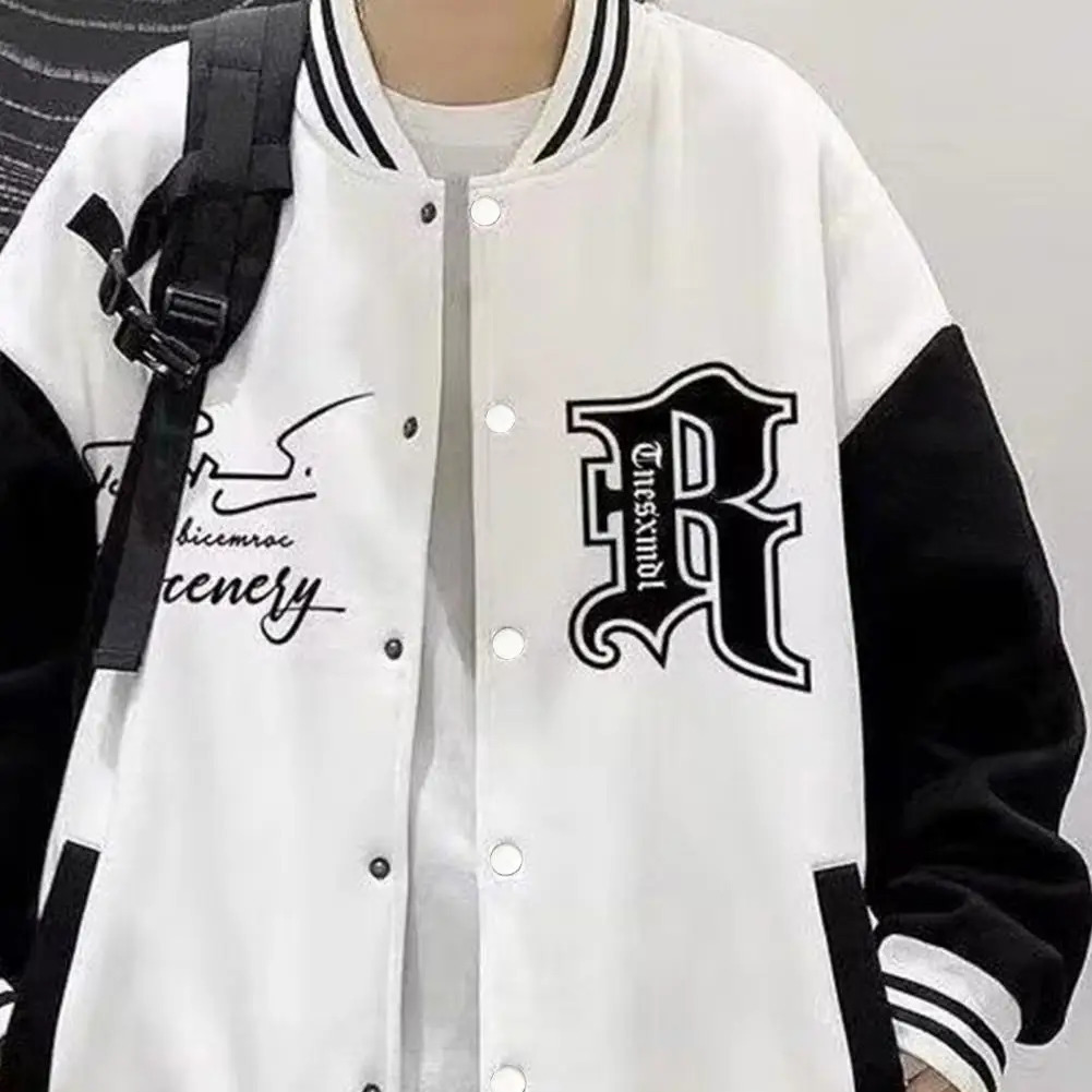 Fall Winter Men Baseball Coat Letter Print Stand Collar Loose High Street Style Jacket Elastic Striped Cuff Fashion 240712
