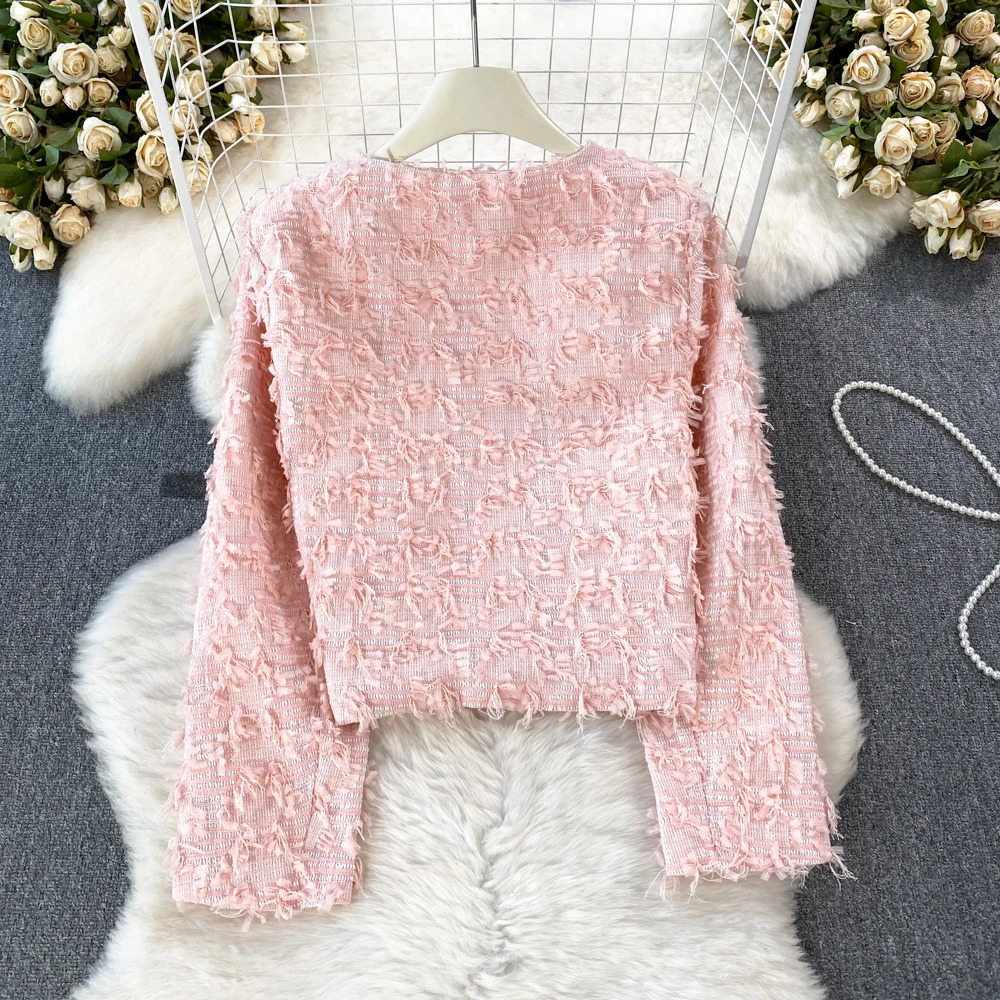 Chic Coat Top Women Oneck Single Breasted Button Warmming Tweed Jacket Female Korean Style Jackets Autumn Drop 240712
