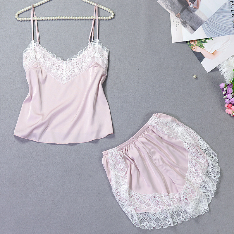 2024 New Ice Silk Pamas Women's Sexy Lace Sling Shorts Two Piece Pijama