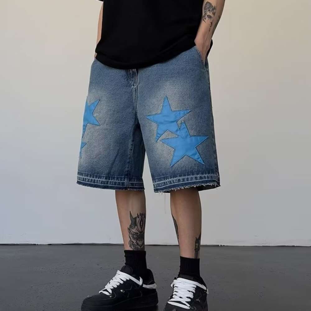 Denim shorts men's summer brand pentagram patch leather embroidery washed loose straight tube versatile wide leg five quarter pants trend