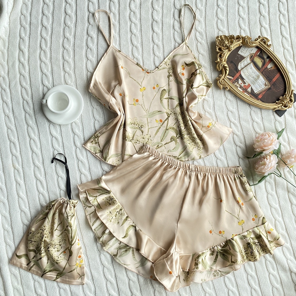 2 Pieces Ladies Sexy Silk Satin Pama Sleeveless Sleepwear Set Top and Shorts