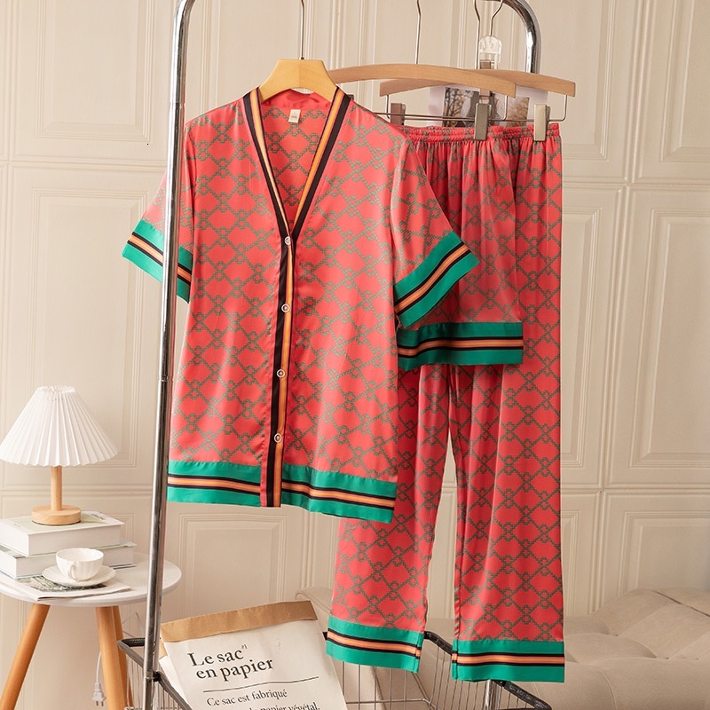 3 Pcs Suit Printed Pamas Women's Spring Summer Ice Silk Sexy Short Sleeve Set Pyjamas