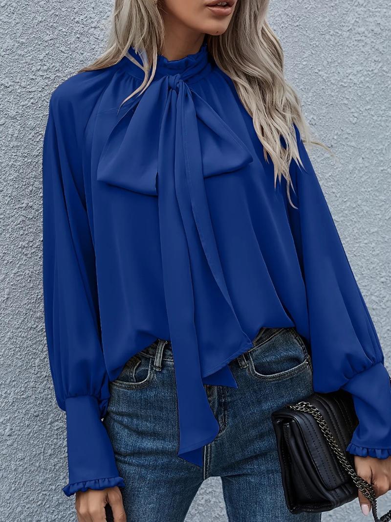 Women's Blouses Fashion Solid Color Chiffon Shirts Women Bowknot Leace-up Sleeve Temperament Elegant Lady Trendy Commuting Clothing
