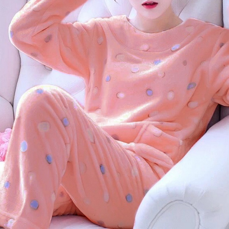 Women'S Flannel Veet Long Sleeve Thick Coral Pama Set For Autumn / Winter