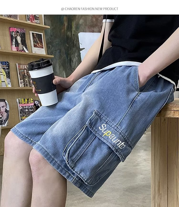 Boys' summer thin style, medium to large boys' denim shorts, workwear pants, loose fitting, and five point outerwear for children's pan