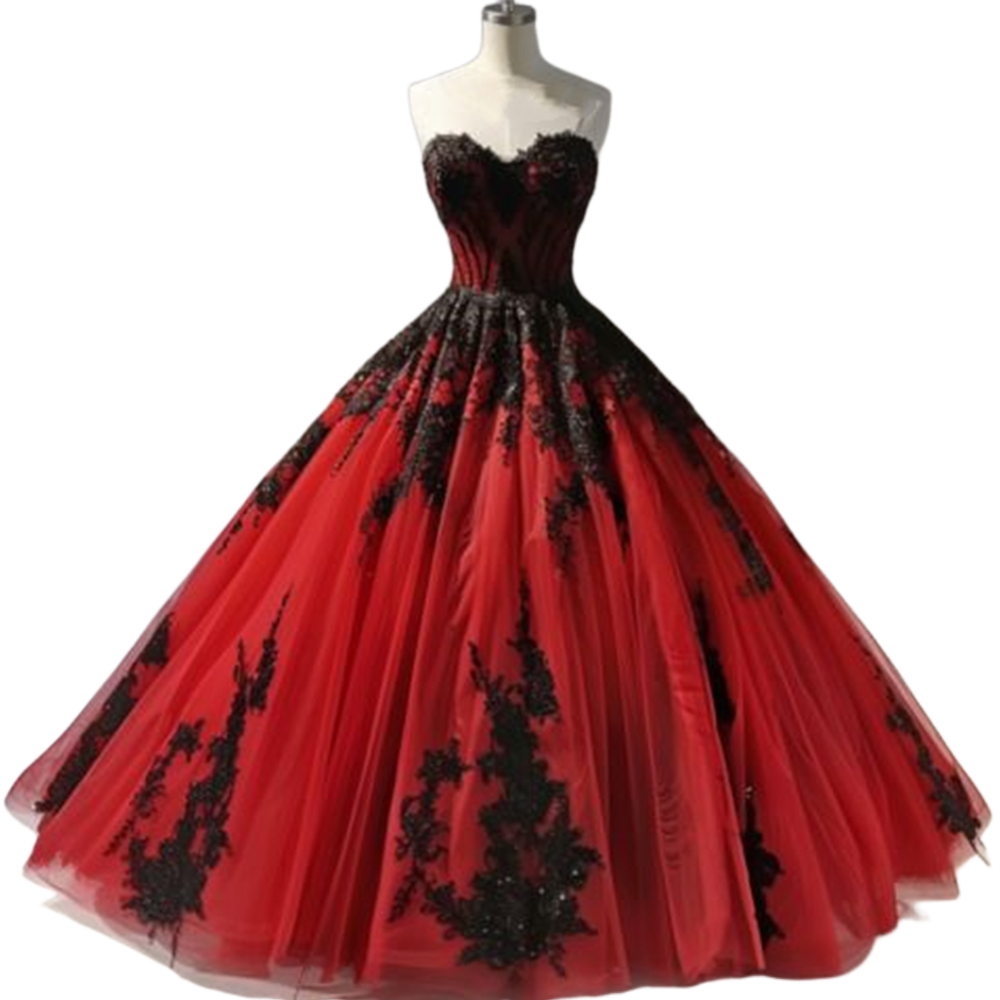 Strapless Red And Black Gothic Wedding Dresses Sleeveless A-Line Floor Length Tulle Bridal Gowns With Lace Appliques Vintage Vestido de Novia Back Lac