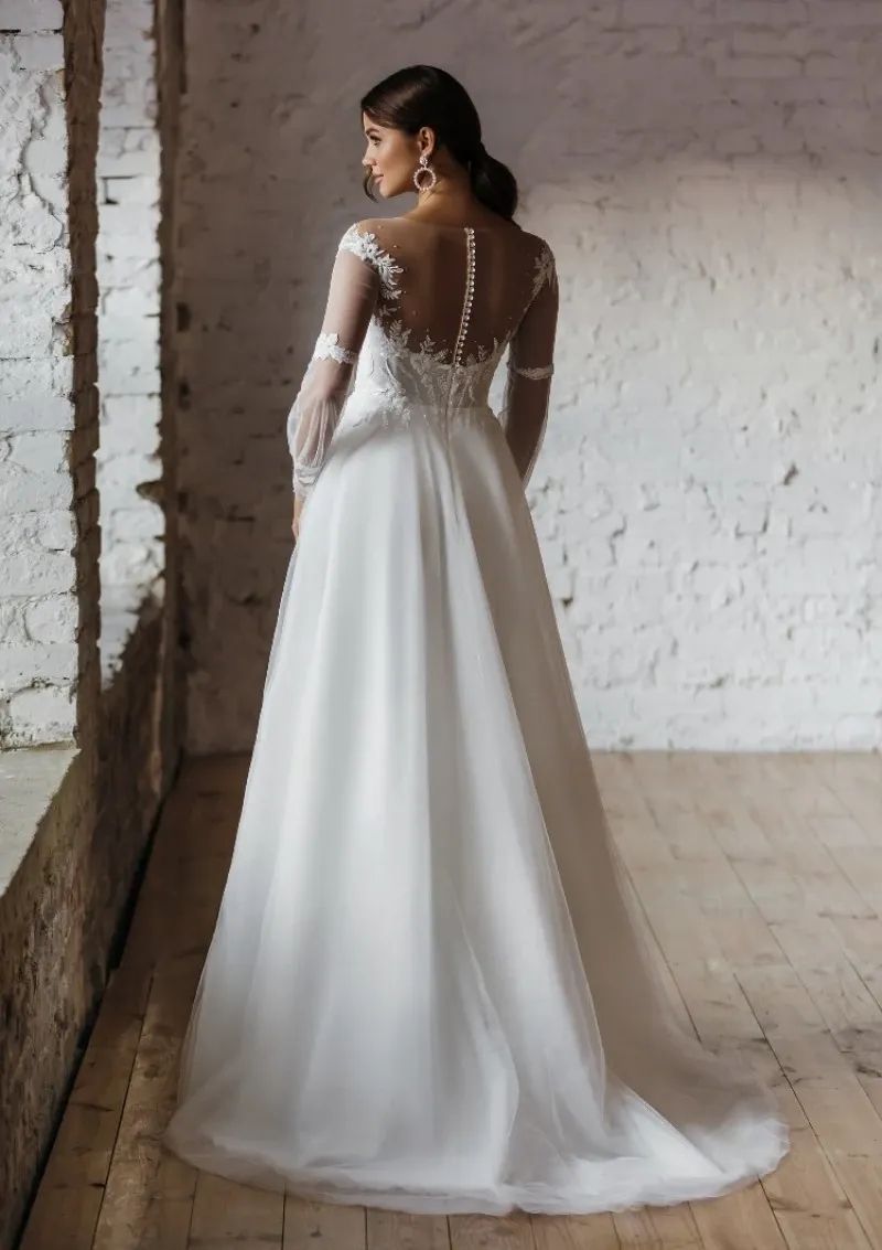Luxury Long Jewel Neck Tulle Wedding Dresses Full Sleeves with Appliques A Line Floor Length Party Gowns for Bridals Custom Made