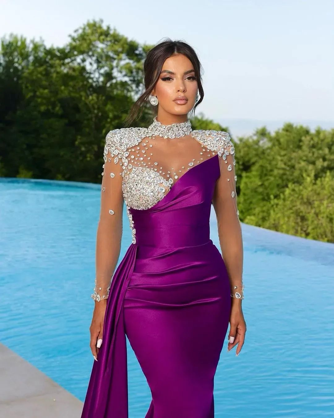Classy Beaded Mermaid Prom Dresses Long Sleeves Pleated Evening Gowns High Necke Sweep Train Satin Special Ocn Formal Wear Custom Made 6660312