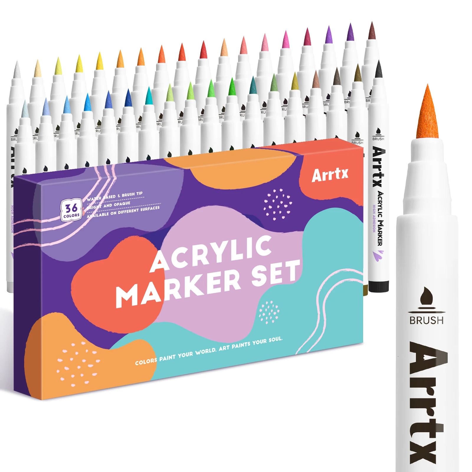 Arrtx 36 Colors Acrylic Marker for Rock Painting Extra Brush Tip Paint Markers Art Supplies Fabric Paint Fabric Markers 240711