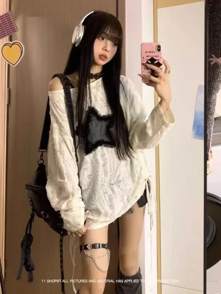 Y2k Women Vintage Star Gray Harajuku T-shirts Top Oversized Acubi Tshirt Long Sleeve Aesthetics Off Shoulder Tops Alt Clothes 240717