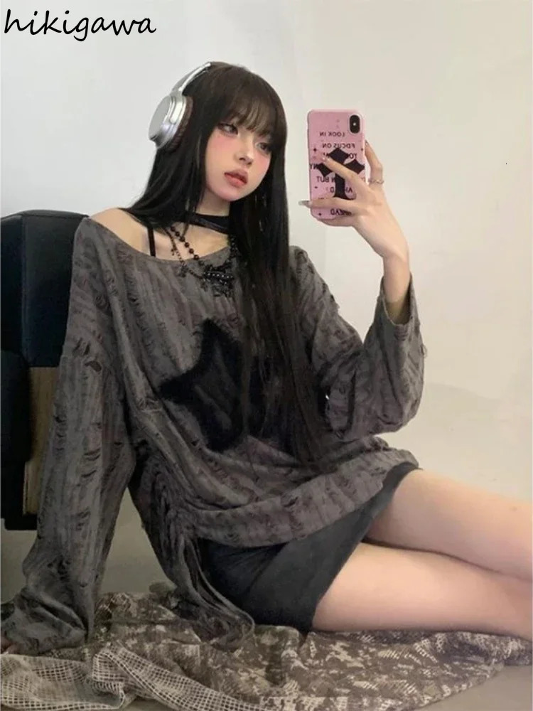 Harajuku Tshirts Fashion Tops Star Hollow Out Long Sleeve T Shirt Korean Kawaii Ropa Mujer Casual Y2k T-shirt Clothes for Teens 240717