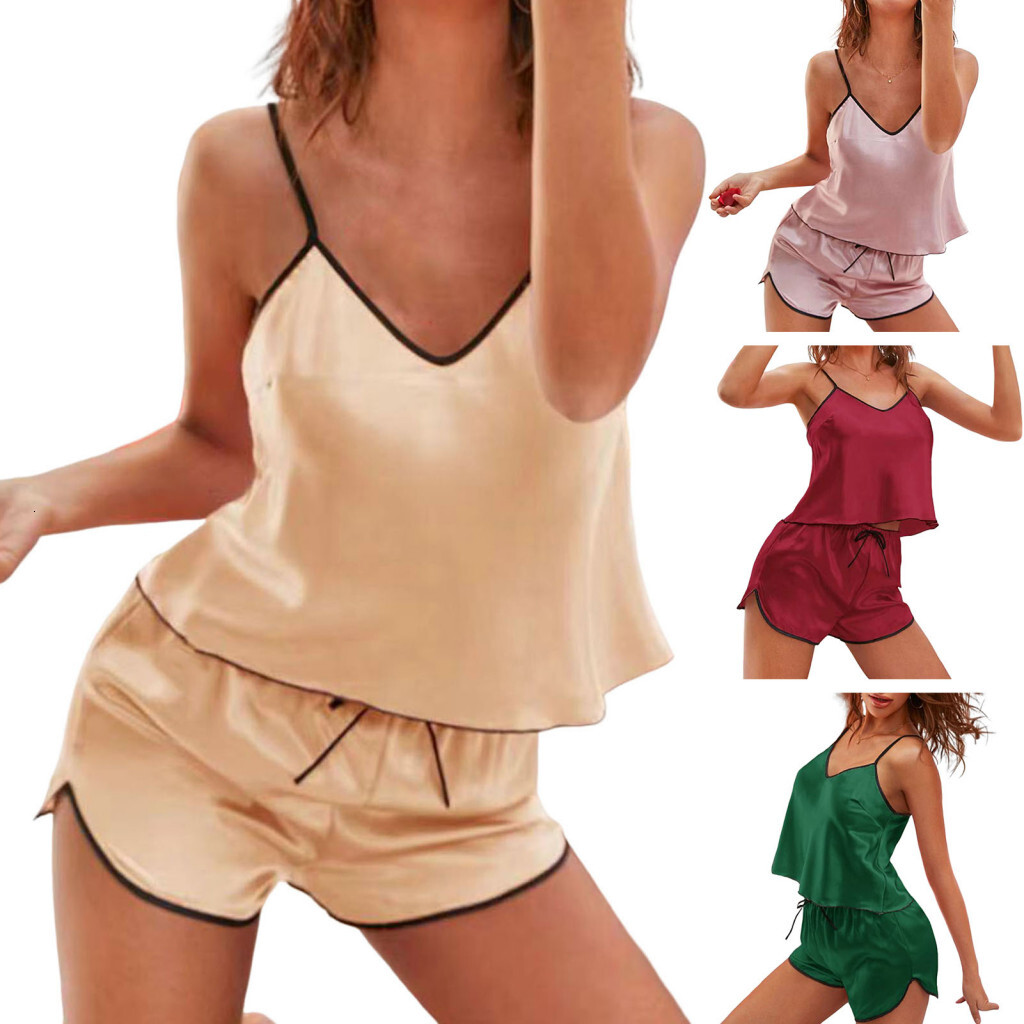 Lady Pamas Sexy Satin Pama Set for Women V Neck Top with Backless Design Split Mini Shorts Soft and Comfortable Loungewear
