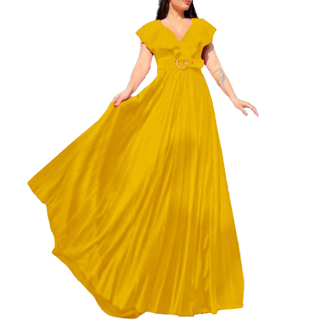 Oversized V-neck solid color pleated lotus leaf edge skirt formal dress dress