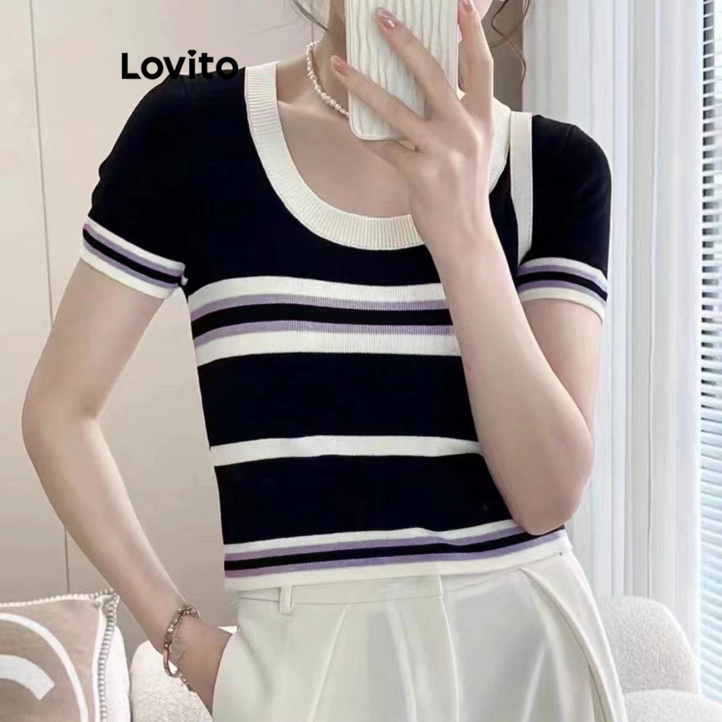 Lovito Casual Striped Short Sleeve T-Shirt for Women LNA21137 Apricot/Black