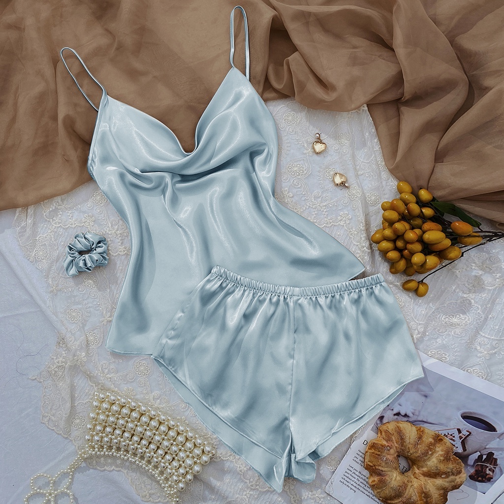 2 Pieces Ladies Sexy Silk Satin Pijama Sleeveless Sleepwear Set Top and Shorts