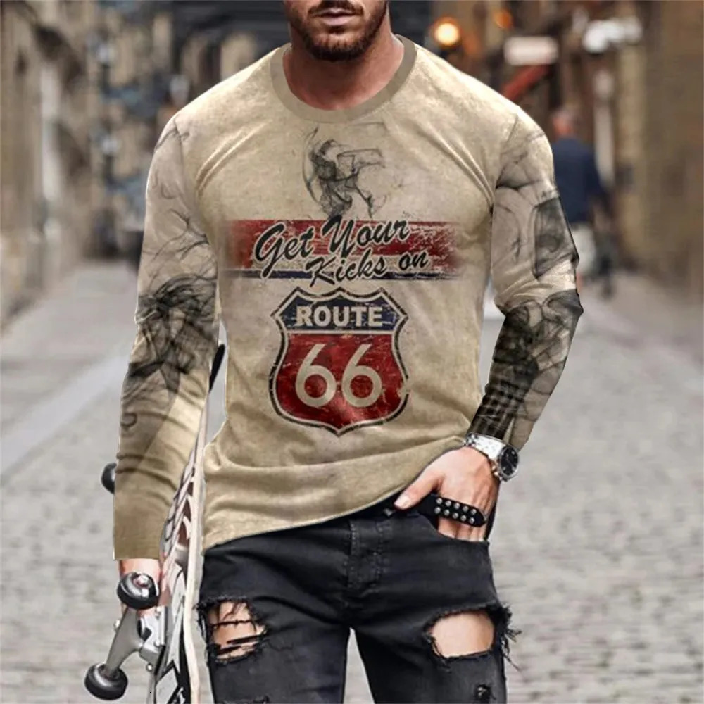 Route 66 Letter 3D Printed Tshirt Coat Tshirts Mens Clothing Retro Motorcycle Tee Playing Card Long Sleeve 240715