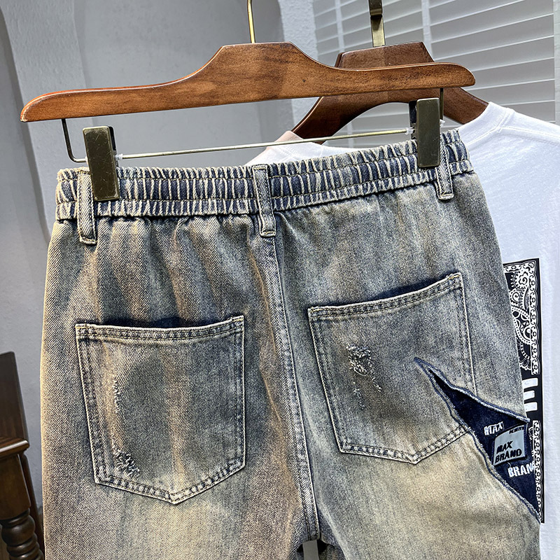 American denim for men, washed and distressed, yellow mud dyed, versatile, trendy, high street, loose straight leg shorts