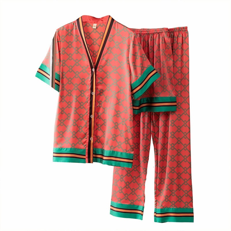 3 Pcs Suit Printed Pamas Women's Spring Summer Ice Silk Sexy Short Sleeve Set Pyjamas