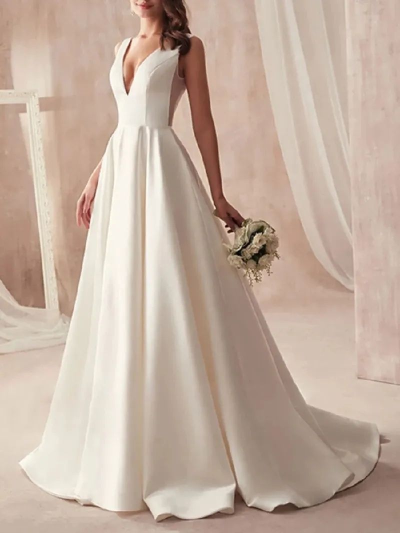 Elegant Ivory Satin A Line Wedding Dresses Deep V Neck Sexy Sleeveless Boho Garden Bridal Gowns Open Back Sweep Train Reeption Dress For Bride Simple 