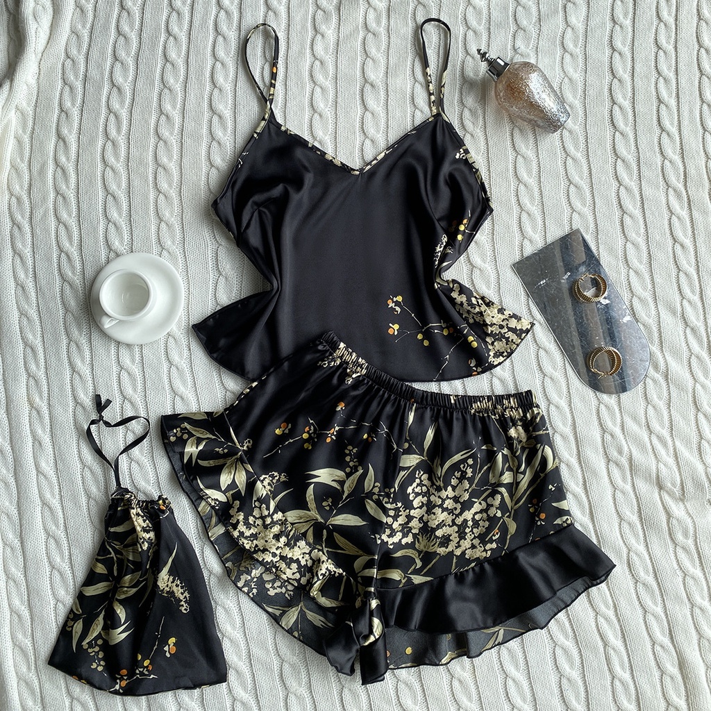 2 Pieces Ladies Sexy Silk Satin Pama Sleeveless Sleepwear Set Top and Shorts