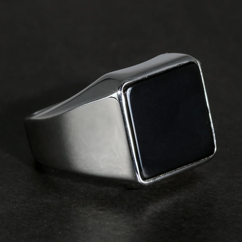 Solid 925 sterling silver square regular mens ring with natural black agate simple country flat top Holmark mens jewelry 240805