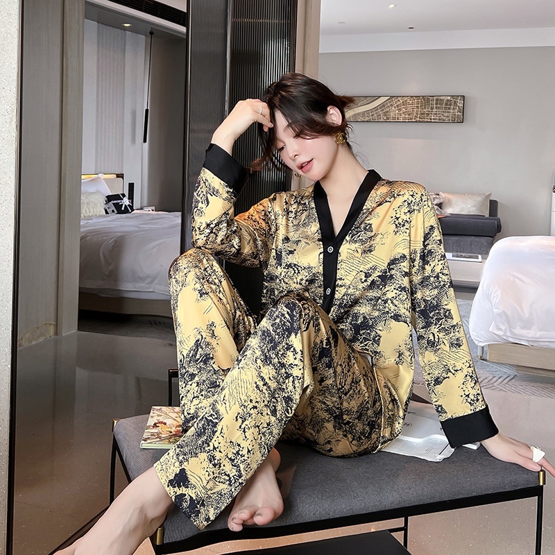 Ice Silk Pamas Women's Spring And Autumn Long Sleeved Cardigan High Quality Printing Suit Pyjamas